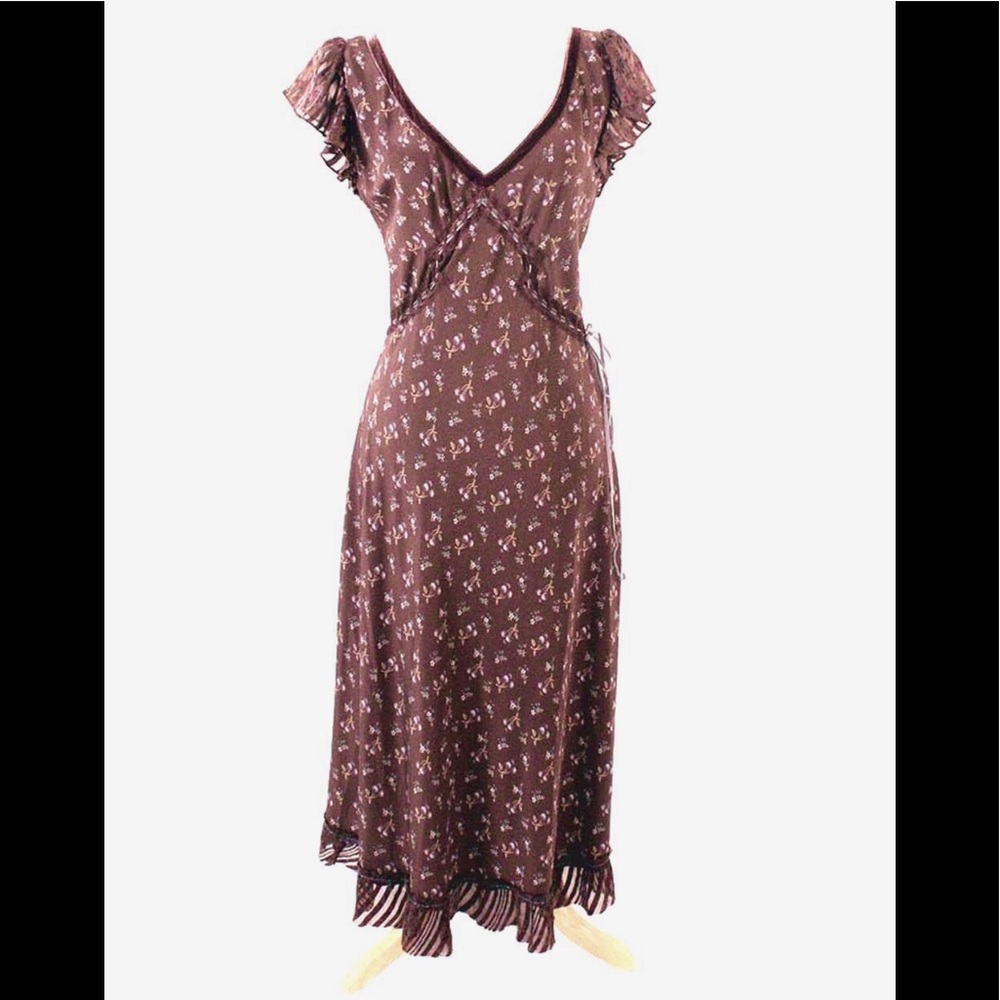 Rebecca Taylor brown silk dress ruffled sleeves 4